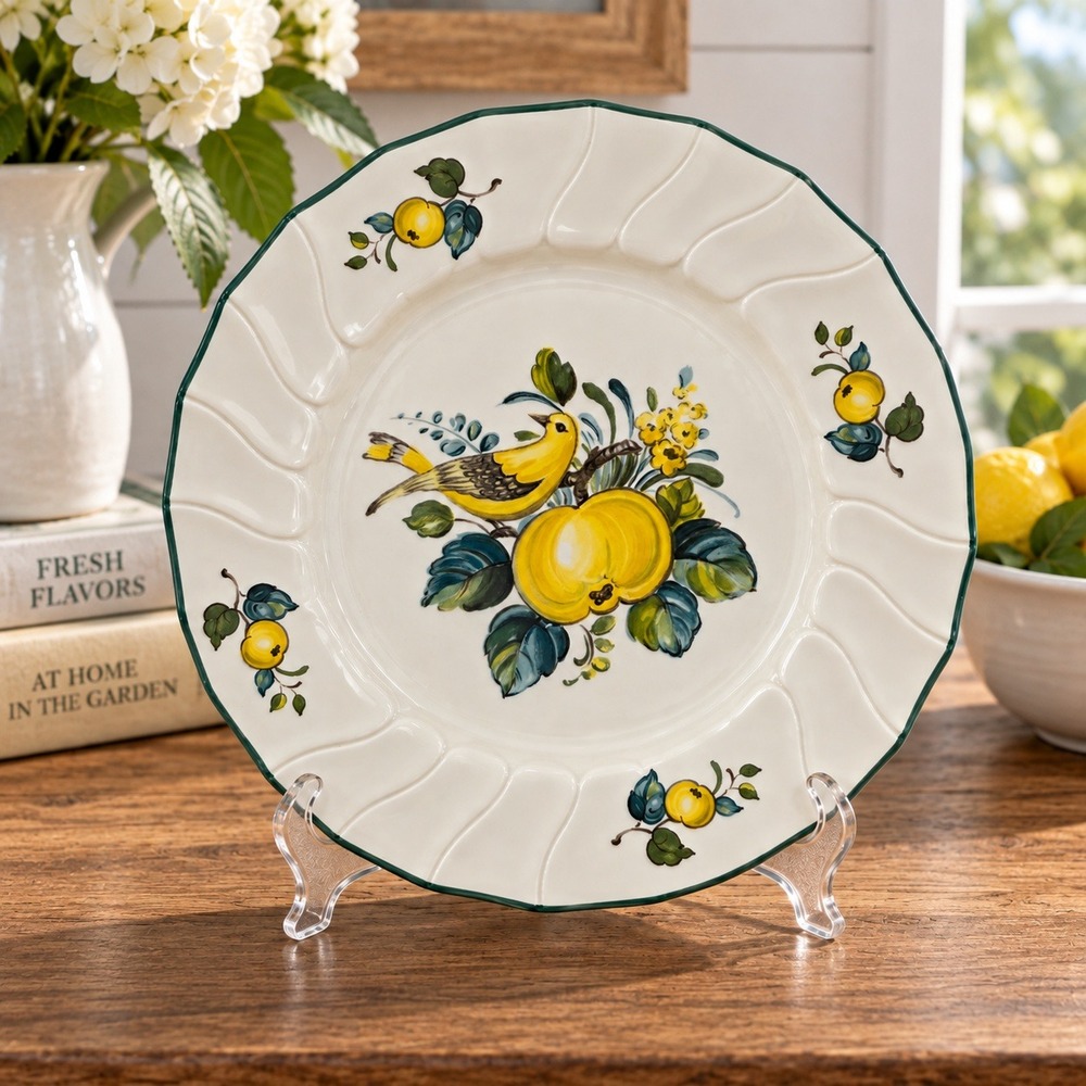 Villeroy & Boch Vitro Porcelain Dinner Plates 10.5 in Jamaica Bird Lemon Scallop